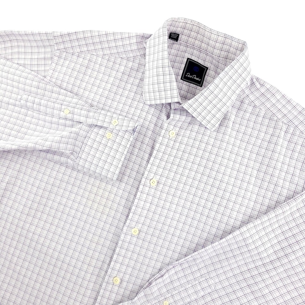 David Donahue Dress‎ Shirt Mens 18 34/35 Purple Check Classic Fit Long Sleeve